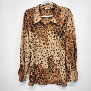 Vintage Apostrophe Watercolor Blouse Size 24W Brown Semi Sheer Ruffle Sleeve